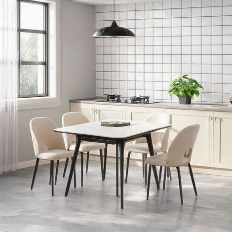 Ensemble table et 4 chaises velours beige avec pieds dorés (1/5)