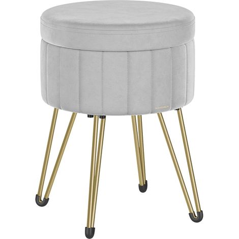 Tabouret rond en velours avec espace de rangement 39 cm de diamètre 4 pieds en métal pour dressing salon chambre à coucher gris (1/4)