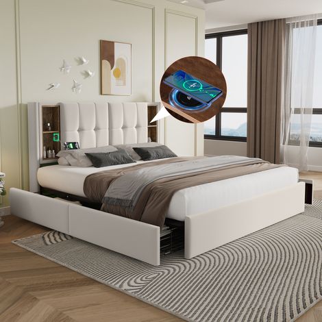 Lit double 160x200 cm avec charge sans fil USB-C, sommier tapissé en velours beige, 4 tiroirs de rangement et sommier à lattes en bois, ensemble complet avec matelas