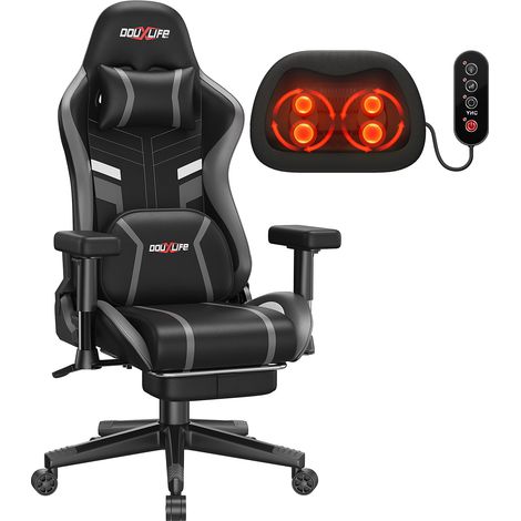 Gaming-Stuhl, ergonomisch Bürostuhl mit Knetmassage- und Heizfunktion, hoher Rückenlehne, Lendenwirbelstütze mit Fußstütze, gepolsterte 2D-Armlehnen verstellbar,-Schwarz+Grau (1/5)
