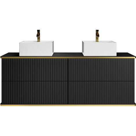 Meuble de salle de bain suspendu strié liseré doré avec double vasque à poser carrée et 4 tiroirs - Noir - 150 cm - KELIZA (1/4)