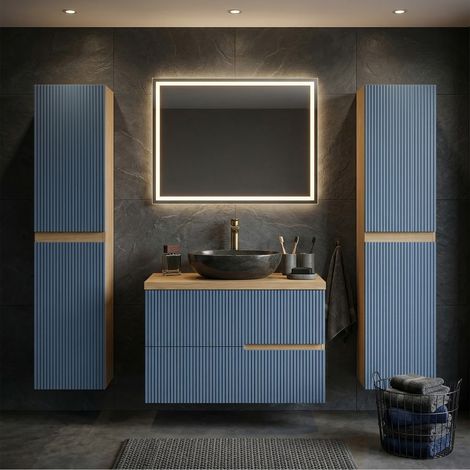 Ensemble meuble simple vasque L.60cm + 2 colonnes à suspendre Chêne naturel 2 tiroirs Bleu Mer cannelé EVA (1/5)