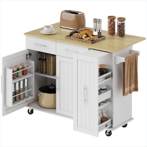Îlot central de cuisine blanc en panneaux de particules et MDF, plateau rabattable, 2 tiroirs, portes à fermeture douce, 129x65x91 cm (1/5)