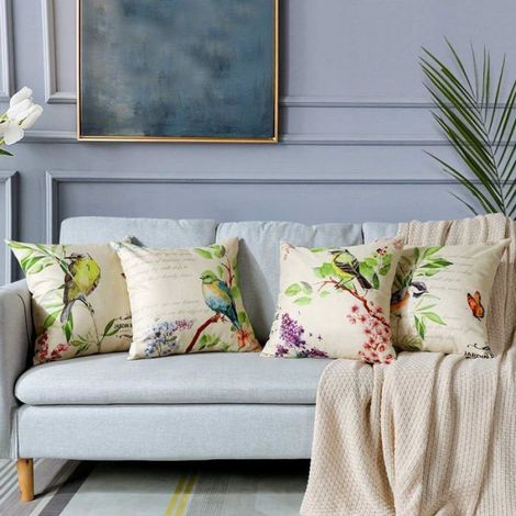 Extérieur Housse de Coussin, Lot de 4 Imperméable Fleur et Oiseau Vert Motif Canapé Taie d'oreiller pour Patio Jardin Salon 60x60cm (1/4)