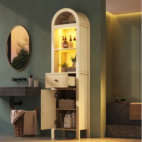 Armario alto de baño con LED RGB, 163 cm, MDF color madera clara, puerta reversible, cajón y baldas ajustables, cierre suave, de pie para baño ordenado-FLORAGRACE (1/5)