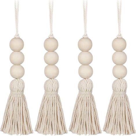 Lot de 4 perles à pompons en bois pour poignée de porte de placard - Décoration murale décorative - Pompon - Pendentif pour armoire, porche (1/5)