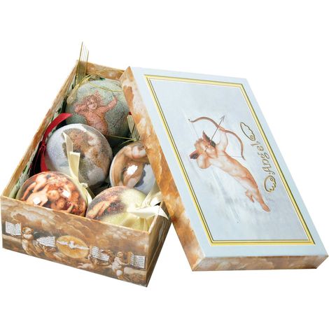 Dmora Box 6 Weihnachtskugeln, gemusterte Putti Ornamente, Set Sortiment Weihnachtskugeln, Box Weihnachtsbaum Set, Durchmesser 7,5cm, glatte Ceruleum Farbe