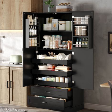 Buffet haut de cuine avec 3 étagères coulissantes, 2 tiroirs et portes, 80x37,5x180 cm, MDF noir (1/5)