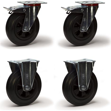 Lot de 4 roulettes pivotantes à frein et fixes caoutchouc noir 100 mm - 210 Kg