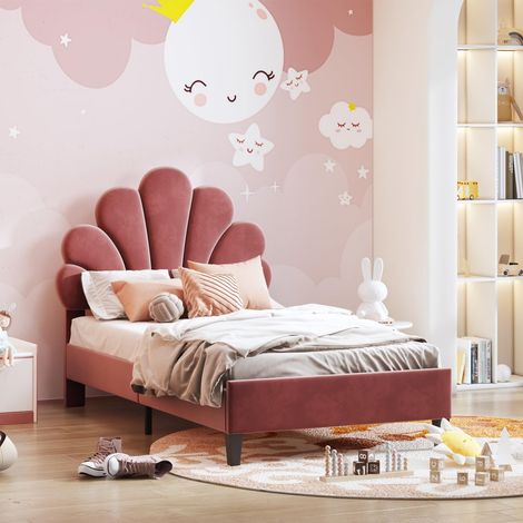 BSMGSGN-Lit Enfant Fille 90x200 cm Rouge, Lit Princesse Rembourré en Velours, Tête de Lit Florale Réglable en Hauteur, Sommier à Lattes Inclus, Cadre de Lit Simple pour Enfant et Adolescent, sans Mate (1/5)
