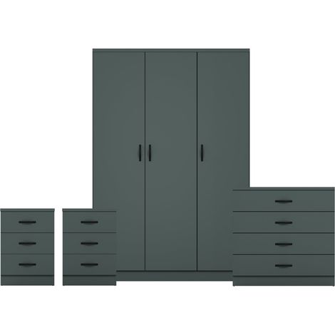 Riano 4 Piece Bedroom Set (3 Drawer Bedside Chest, 4 Drawer Chest, 3 Door Wardrobe), Green (1/3)