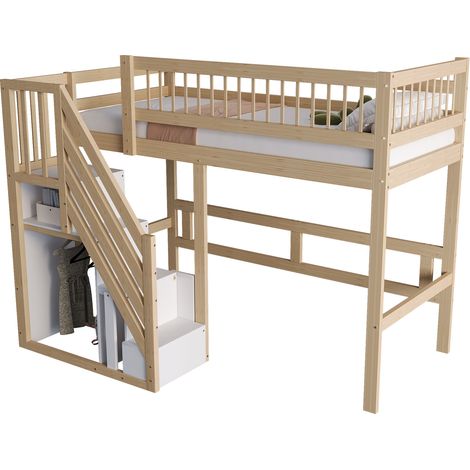 Lit Mezzanine 1 Place avec Escalier de Rangement et Barrières, 90×200 cm, sans Matelas, Bois, Naturel (1/5)