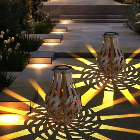 Lanterna decorativa da giardino, lanterna solare con rete di bambù, da appendere o da appoggiare, LED bianco caldo, PxA 27x17,5 cm, terrazza da giardino, set da 2 (1/5)