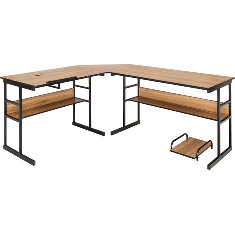 COSTWAY Escritorio Esquinero 170+150cm, Escritorio L con 2 Formas Divididas, Mesa de Dibujo Inclinable, Mesa Gaming L Grande con 2 Estantes Inferiores y Soporte (Nogal) (1/5)