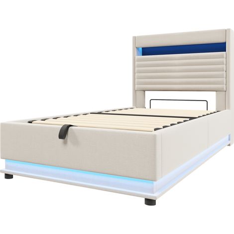 Cama canapé 90x200 cm de lino beige con USB Type-C, LED y elevación hidráulica, sin colchón (1/5)