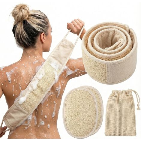 Natural Loofah Back Scrubber pour douche pour hommes et femmes, éponge Loofah exfoliante avec épargne-savon, 4 pièces (1/5)