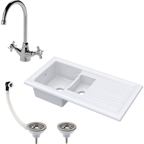 Fireclay 1010mm 1.5 Bowl Inset Kitchen Sink with Drainer, Mixer Tap & Wastes in Classic White Finish - Stylish Design (1/4)