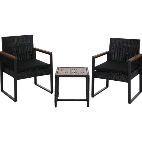 [NUNCA USADO] Conjunto de muebles de ratán sintético HHG-733, conjunto de salón para jardín con 2 sillas y mesa, madera de acacia, tela de 180 g/m², negro, tapizado negro