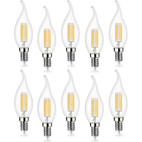 10er-Pack 4-W-E14-LED-Filamentlampen, 470 lm Kerzenflamme, 2700 K warmweiß, nicht dimmbar, 360° Abstrahlwinkel