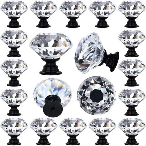 Lot de 12 poignées de tiroir en verre cristal transparent en forme de losange décoratif pour cuisine, commode, 30 mm (1-1/4"), base de couleur noire (1/4)