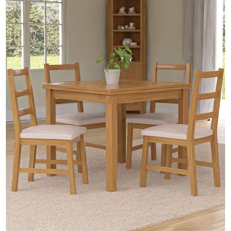 Hallowood Furniture Waverly Extendable Oak Dining Table and Chairs Set 4, Rectangular Small Kitchen Table and Chairs with Ladder Back and Beige Fabric Padded Seats for Home and Café (1/5)