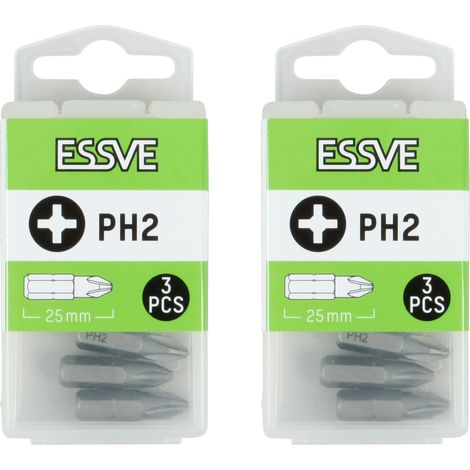 Inserti ESSVE PH2 con attacco esagonale da 1/4”, punta da 25 mm, 3 pezzi x2 (1/3)