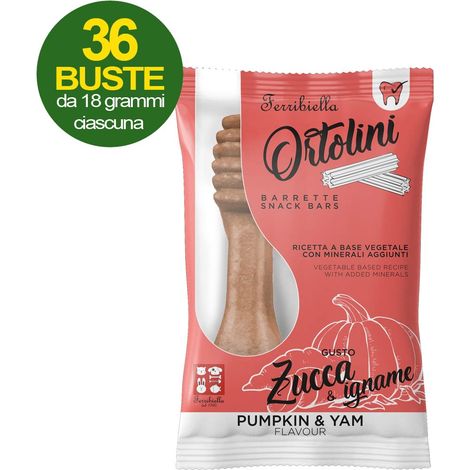 Snack Spazzolini per cani Ortolotti gusto zucca e igname 36 mini pack da 2 pezzi ciascuno