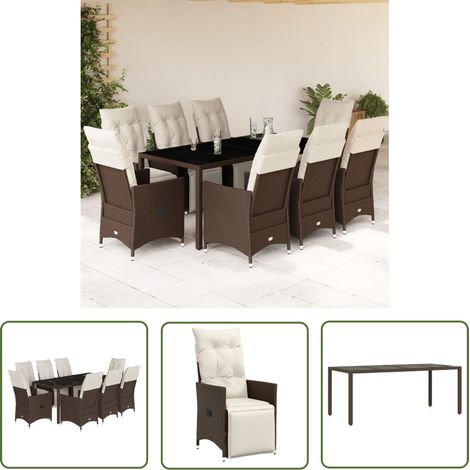 The Living Store 9-tlg. Garten-Bistro-Set mit Kissen Braun Poly Rattan - Gartenmöbel - Bistroset - Esstisch - Lounge Sessel - Outdoor Möbel (1/5)