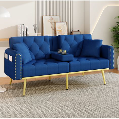 Sofá recto 2 plazas convertible con portavasos, tapizado en terciopelo, azul (1/5)