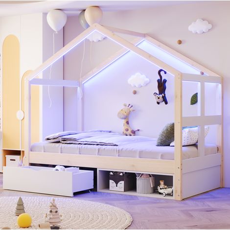 Cama individual 90x190 cm color madera, madera y MDF con cajón, zapatero y LED (1/5)