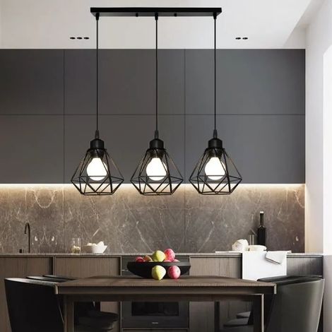 U-do 3 Têtes Suspension Lustre Moderne Industrielle - Luminaire en Diamant - Noir (1/4)