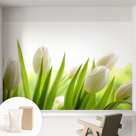 Tapete Dekorative Vliestapete mit Klebe für Wand - Mustertapete - moderne Einrichtung - für Büro Weiße Tulpen 152x104 cm (1/5)
