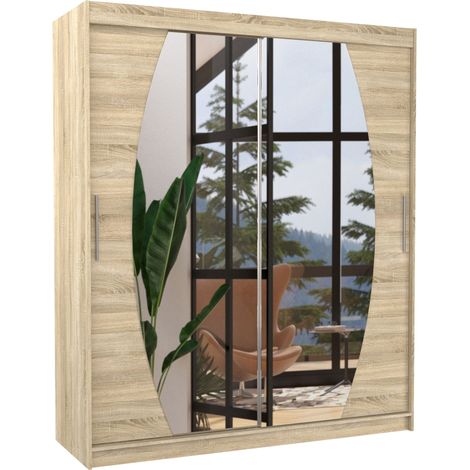 Armoire de chambre à coucher 2 portes coulissantes bois clair et miroir Balko 180cm (1/5)