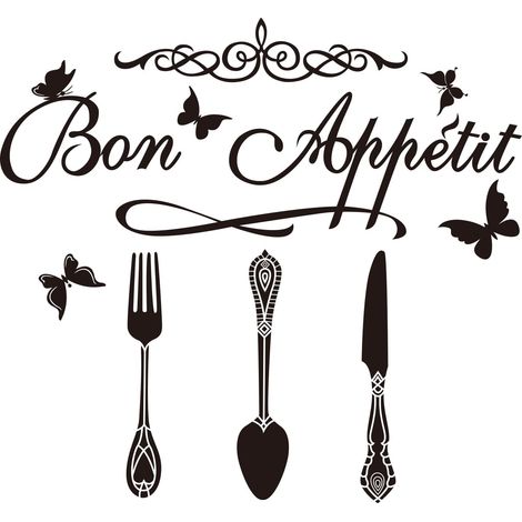 Cuisine Thème Stickers Muraux Bon Appétit Français Vinyle Sticker Mural Vaisselle Papillon Mur Art Autocollant Mural Salle à Manger Papier Peint Autocollants Décoratifs Cuisine Décoration (1/5)