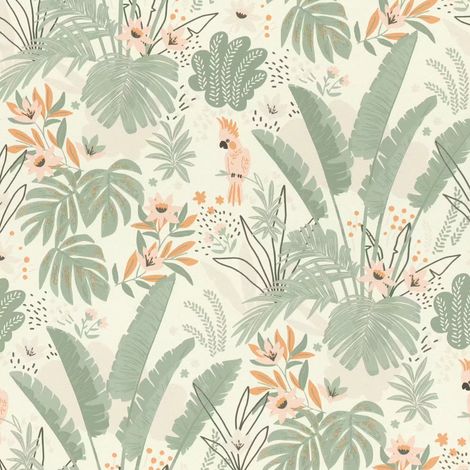 Tropical Botanical Parrot Vinyl Wallpaper Sage Green Peach Feature Wall (1/4)