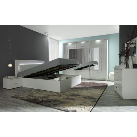 Camera completa PANAREA con letto contenitore 160 x 200 cm, armadio LED, cassettiera e comodini - Bianco lucido finitura cromo (1/5)