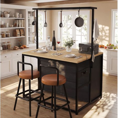 Mueble de cocina con isla, 2 taburetes, enchufe, MDF y metal, negro DESVIAE (1/5)
