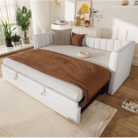 Lit de jour 90/200 cm blanc en velours avec lit gigogne relevable (1/5)