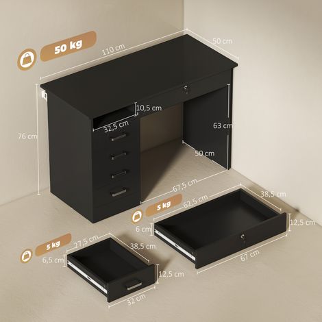 Bureau contemporain noir, 5 tiroirs dont un avec serrure, grand plan de travail, compartiment ouvert, dimensions 110 x 50 x 76 cm (1/5)