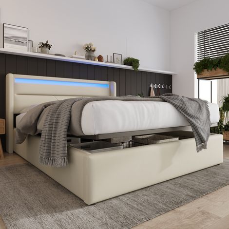 Lit coffre en PU blanc 160x200 cm avec LED, sommier à lattes relevable (1/5)