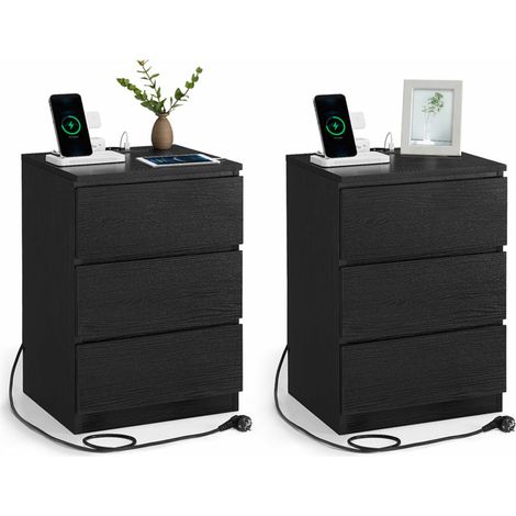 Mesita de noche con regleta mesa auxiliar con 3 cajones 2 tomas de CA 2 puertos USB frentes de cajón biselados para sala de estar dormitorio oficina negro moderno 120007611