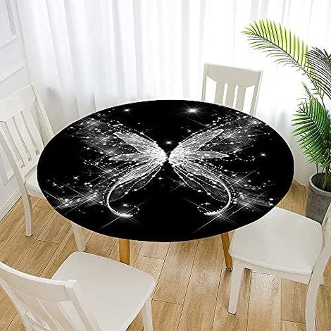Rondes Nappes avec Bord Élastique, Nappes Rondes Anti Taches Lavable, Imperméable Polyester Nappe de Table Imprimé de Papillon pour Cuisine Jardin Fête Table (Noir,Diamètre 90cm) (1/5)