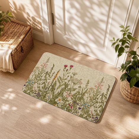 Welcome Paillasson De Printemps, Paillasson D'Extérieur en Caoutchouc Lavable 60 x 90 cm - Résistant Aux Intempéries Et Antidérapant, Motif Herbes Anciennes, Fleurs (1/5)