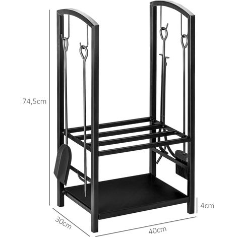Outsunny Kaminholzregal 40 x 30 x 74,5 cm, 2-stöckiges Kaminholzregal für drinnen und draußen, aus Metall, inklusive 4 Kaminbesteckteilen, max. Traglast 100 kg, Schwarz (1/5)