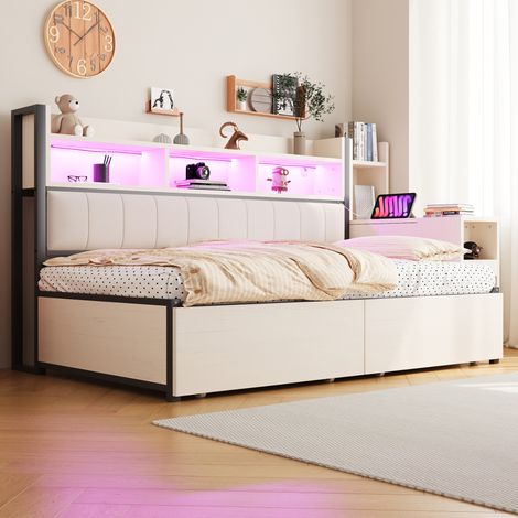 MEUBLIV Bett 90x200 cm weiß – ausziehbarer Schreibtisch, LED und Stauraum, ohne Matratze (1/5)