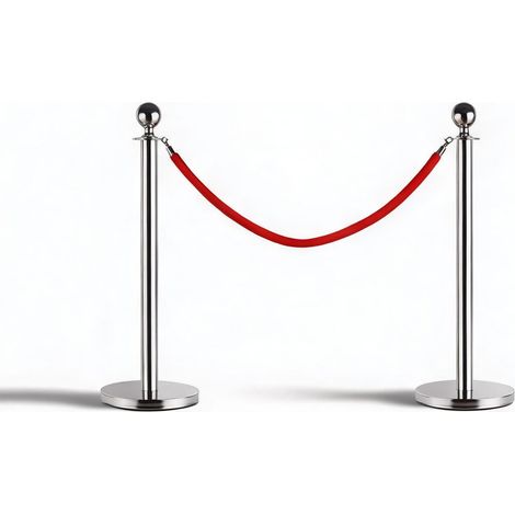 Barrière file d'attente 2 poteaux inox et corde rouge 95 cm (1/5)