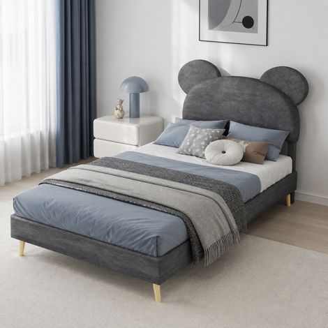 Cama infantil 90x200x133 cm gris de tela y metal con cabecero de dibujos y almacenamiento hidráulico (1/5)