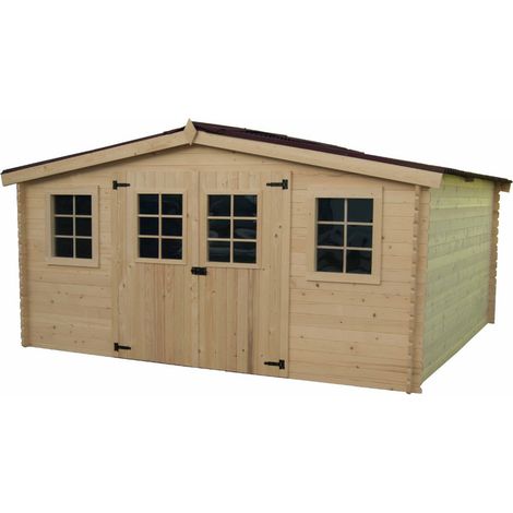 Habrita – Abri de jardin 12.65m² en épicéa massif non traité – Toit en plaques ondulées – Double porte 1.60m avec fenêtres – Dimensions 4.16 x 3.04m (1/5)