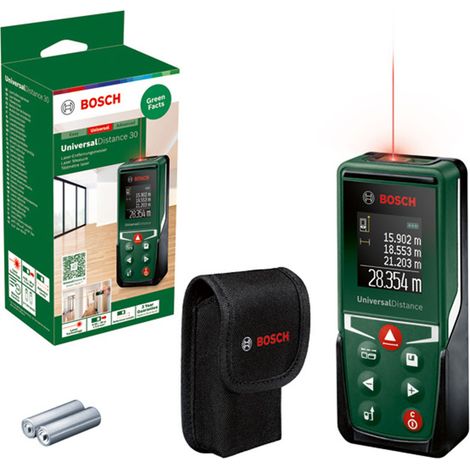 Medidor láser UniversalDistance 30 de Bosch (mide con precisión distancias de hasta 30 m, diferentes funciones de medición, función de memoria, en caja de cartón)