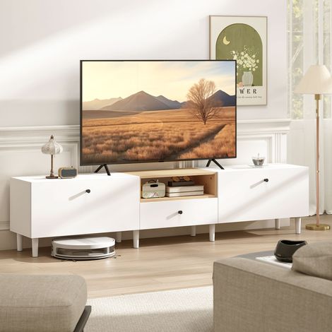 Meuble TV de 200 cm pour téléviseurs jusqu'à 90 pouces, 2 compartiments à abattants, 1 compartiment ouvert, 1 tiroir, 8 pieds, panneaux de particules, blanc